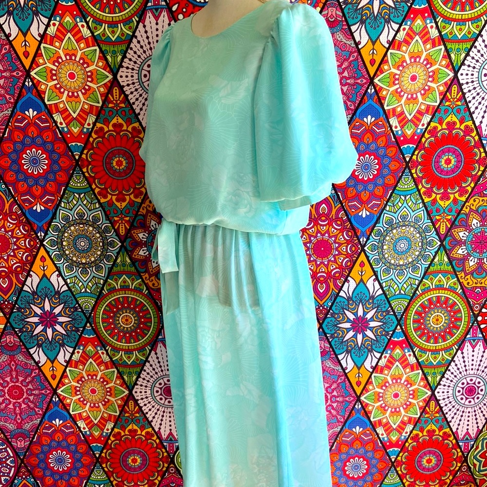 Vintage 1980s Baby Blue Puff Sleeve Blouson Dress Sz 12 - Picture 2 of 12
